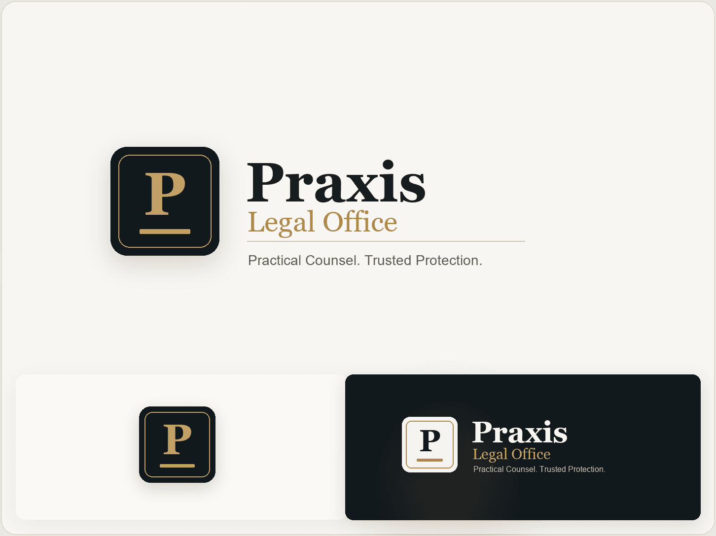 Praxis Legal Office generated-style logo board with horizontal lockup, icon variant, and dark-background variant